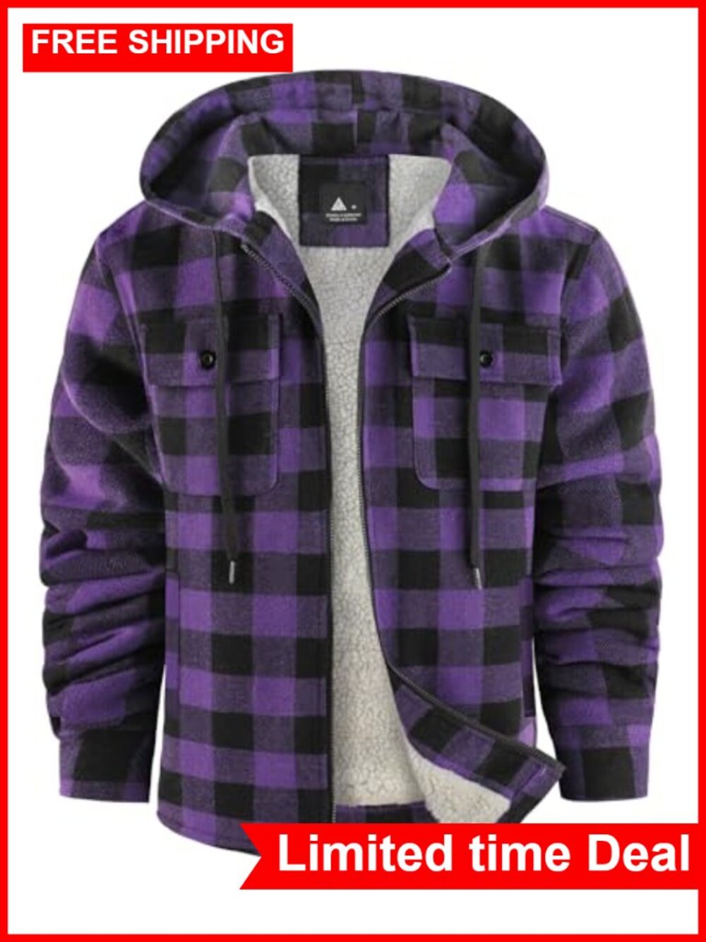 Men's Sherpa Lined Plaid Flannel Hoodie Zip Up Jacket